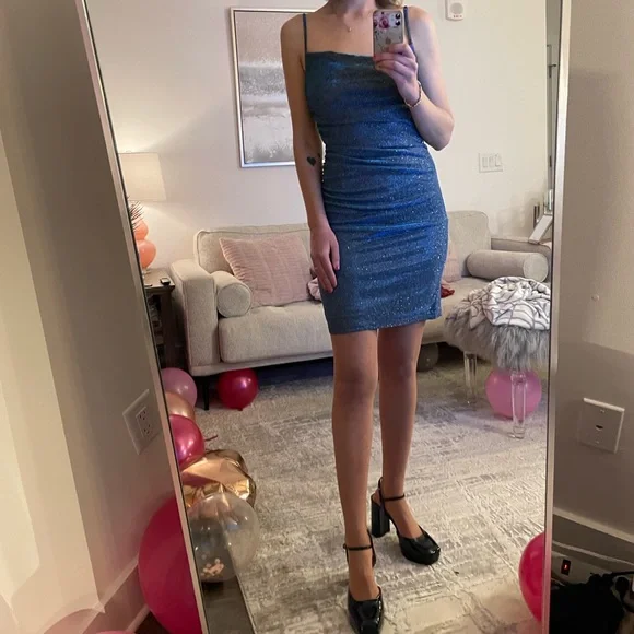 Lulus | Dresses | Hype You Up Blue Sparkly Cowl Neck Ruched Bodycon Midi  Dress Lulus Brand | Poshmark